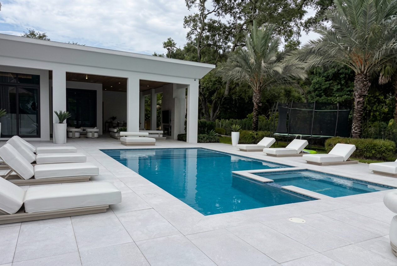 Clean residential swimming pool with lounge chairs in West Palm Beach, Florida